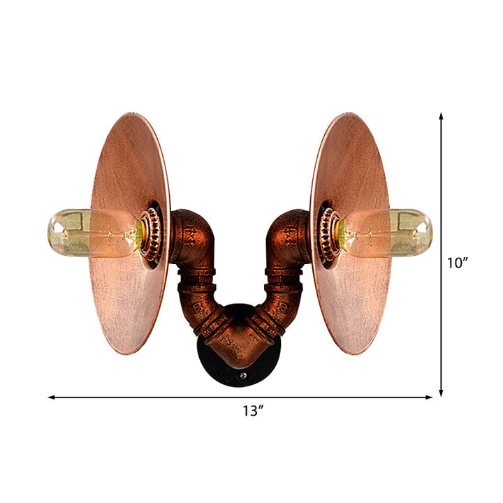 Lisslune | Dark Rust Round Wall Light Rustic Style Wrought Iron 2 Bulbs Bedroom Wall Mounted Light with Pipe