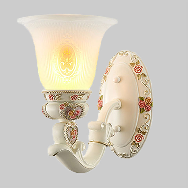 Skørter | Conical Living Room Wall Light Country House Ribbed Glass 1/2-Bulb White Wall Lighting with Floral Decoration