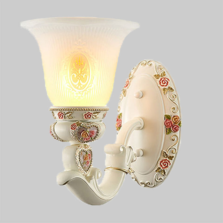 Skørter | Conical Living Room Wall Light Country House Ribbed Glass 1/2-Bulb White Wall Lighting with Floral Decoration