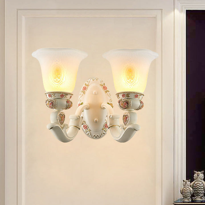 Skørter | Conical Living Room Wall Light Country House Ribbed Glass 1/2-Bulb White Wall Lighting with Floral Decoration