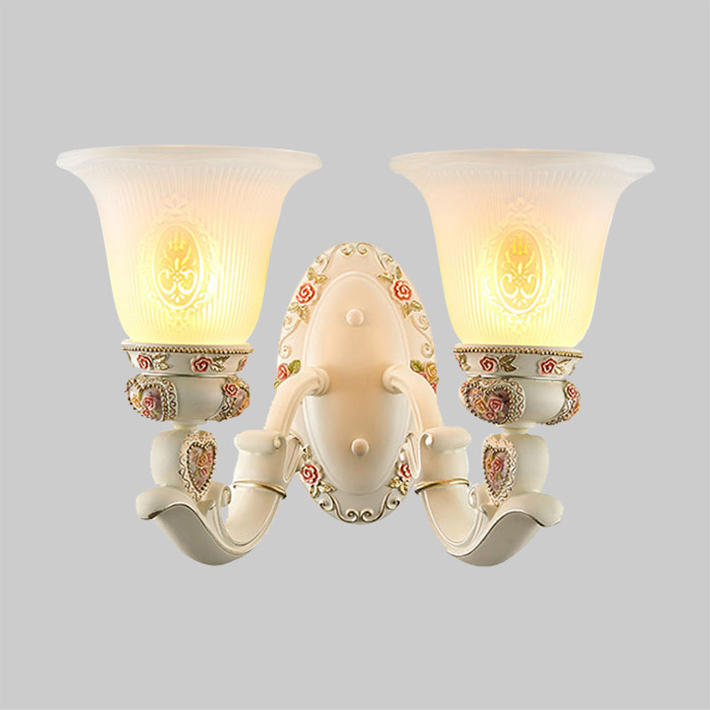 Skørter | Conical Living Room Wall Light Country House Ribbed Glass 1/2-Bulb White Wall Lighting with Floral Decoration