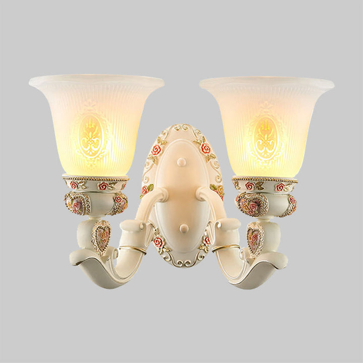 Skørter | Conical Living Room Wall Light Country House Ribbed Glass 1/2-Bulb White Wall Lighting with Floral Decoration