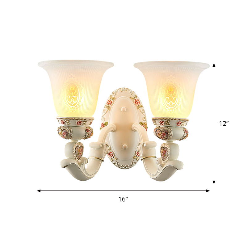 Skørter | Conical Living Room Wall Light Country House Ribbed Glass 1/2-Bulb White Wall Lighting with Floral Decoration