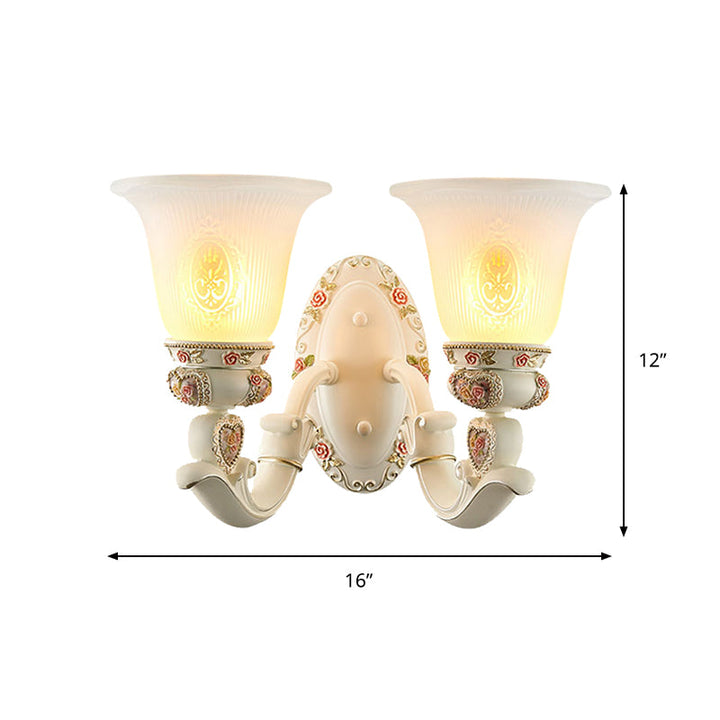 Skørter | Conical Living Room Wall Light Country House Ribbed Glass 1/2-Bulb White Wall Lighting with Floral Decoration