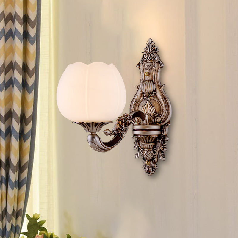 Skørter | Frosted Glass Bloom Wall Lighting Vintage 1/2-head Living Room Wall Lamp Sconces with Curved Arm in Coffee