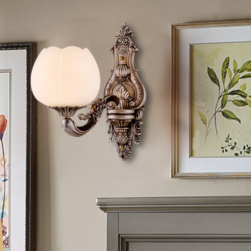 Skørter | Frosted Glass Bloom Wall Lighting Vintage 1/2-head Living Room Wall Lamp Sconces with Curved Arm in Coffee