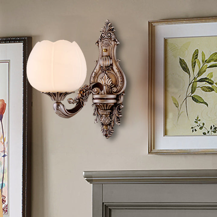 Skørter | Frosted Glass Bloom Wall Lighting Vintage 1/2-head Living Room Wall Lamp Sconces with Curved Arm in Coffee