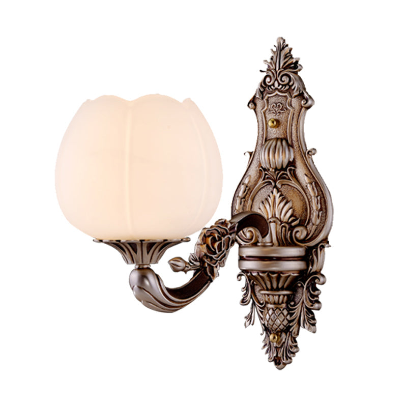 Skørter | Frosted Glass Bloom Wall Lighting Vintage 1/2-head Living Room Wall Lamp Sconces with Curved Arm in Coffee
