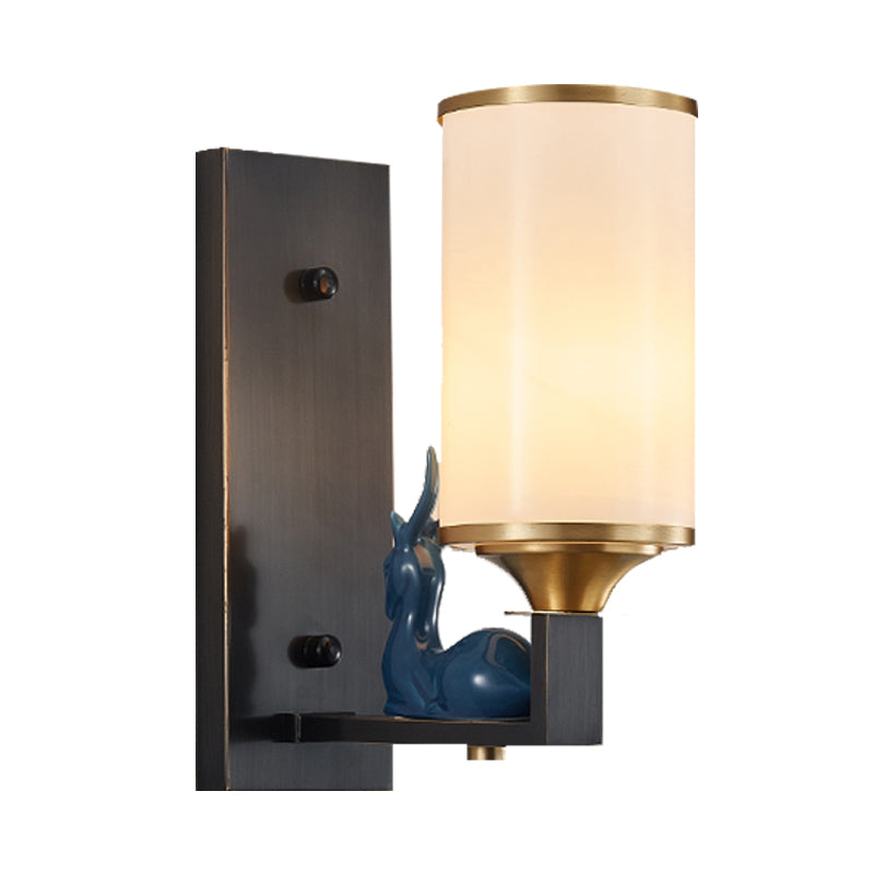 Skørter | Antiqued Column Sconce Light Single Bulb Opal Glass Wall Lighting Idea with Rectangular Back Plate in White