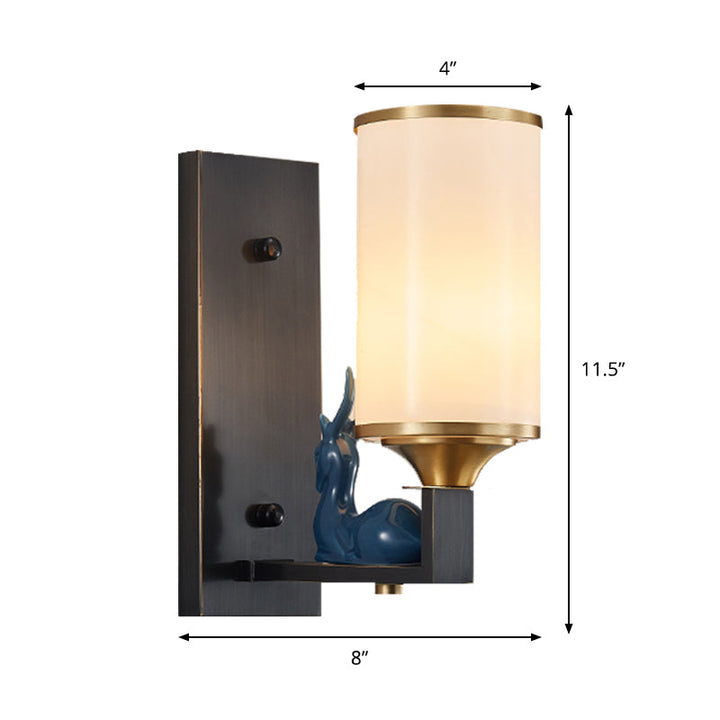 Skørter | Antiqued Column Sconce Light Single Bulb Opal Glass Wall Lighting Idea with Rectangular Back Plate in White