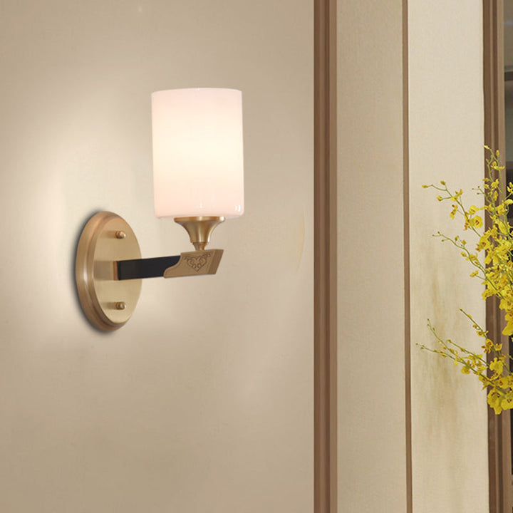 Skørter | 1/2-Head Cylindrical Wall Light Traditional Black-Gold White Glass Wall-Mounted Fixture