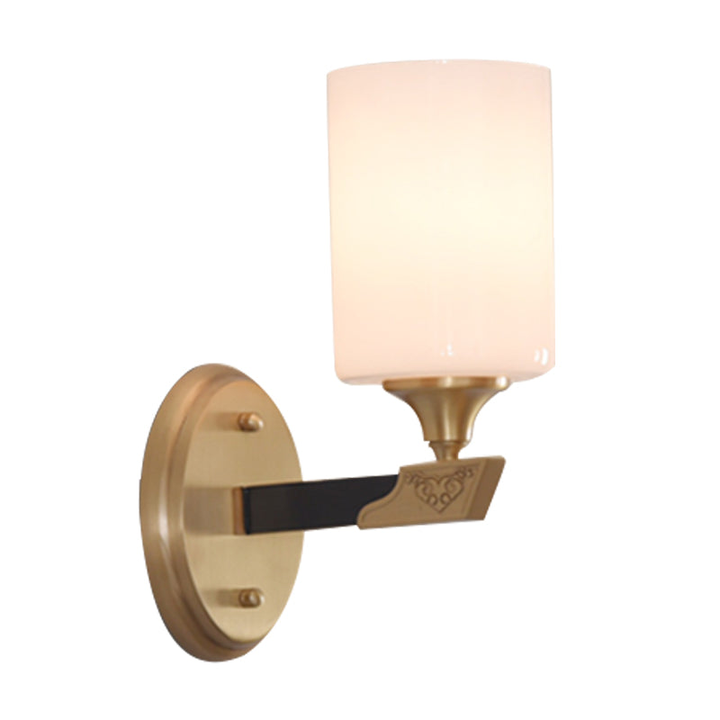 Skørter | 1/2-Head Cylindrical Wall Light Traditional Black-Gold White Glass Wall-Mounted Fixture