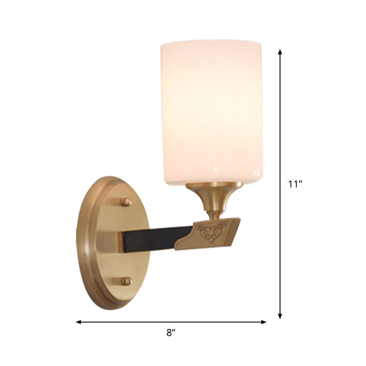 Skørter | 1/2-Head Cylindrical Wall Light Traditional Black-Gold White Glass Wall-Mounted Fixture