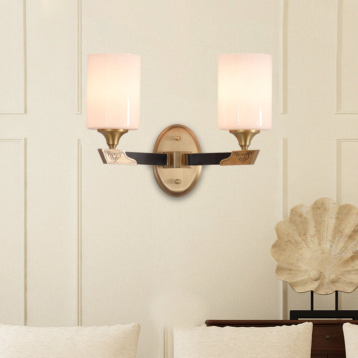Skørter | 1/2-Head Cylindrical Wall Light Traditional Black-Gold White Glass Wall-Mounted Fixture