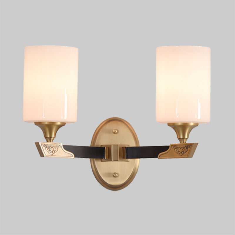 Skørter | 1/2-Head Cylindrical Wall Light Traditional Black-Gold White Glass Wall-Mounted Fixture