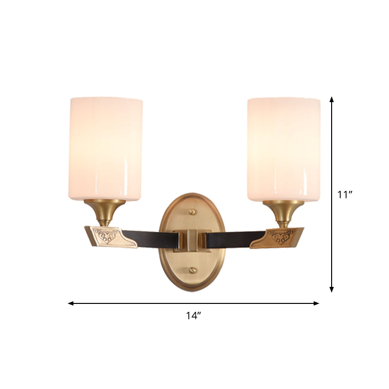 Skørter | 1/2-Head Cylindrical Wall Light Traditional Black-Gold White Glass Wall-Mounted Fixture