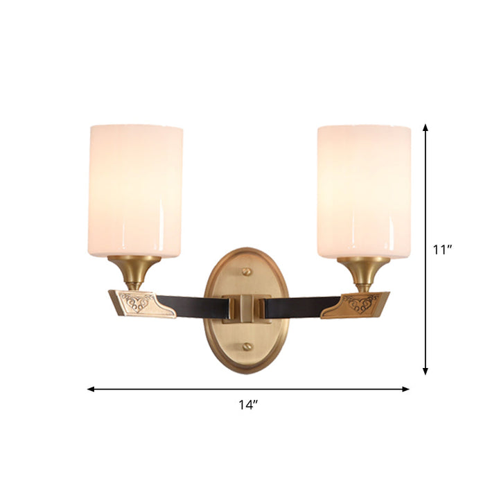 Skørter | 1/2-Head Cylindrical Wall Light Traditional Black-Gold White Glass Wall-Mounted Fixture