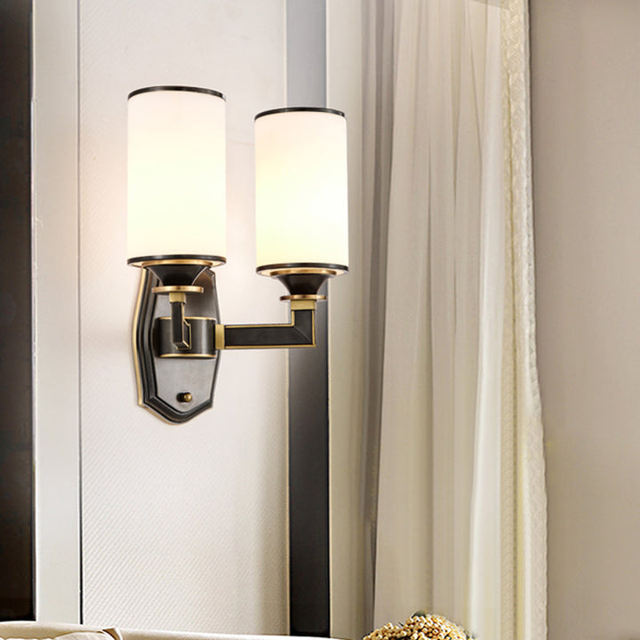 Skørter | Column Milk Glass Wall Lamp Countryside 1/2-Light Corridor Wall Lighting Fixture with Rectangular Arm in Black and Gold