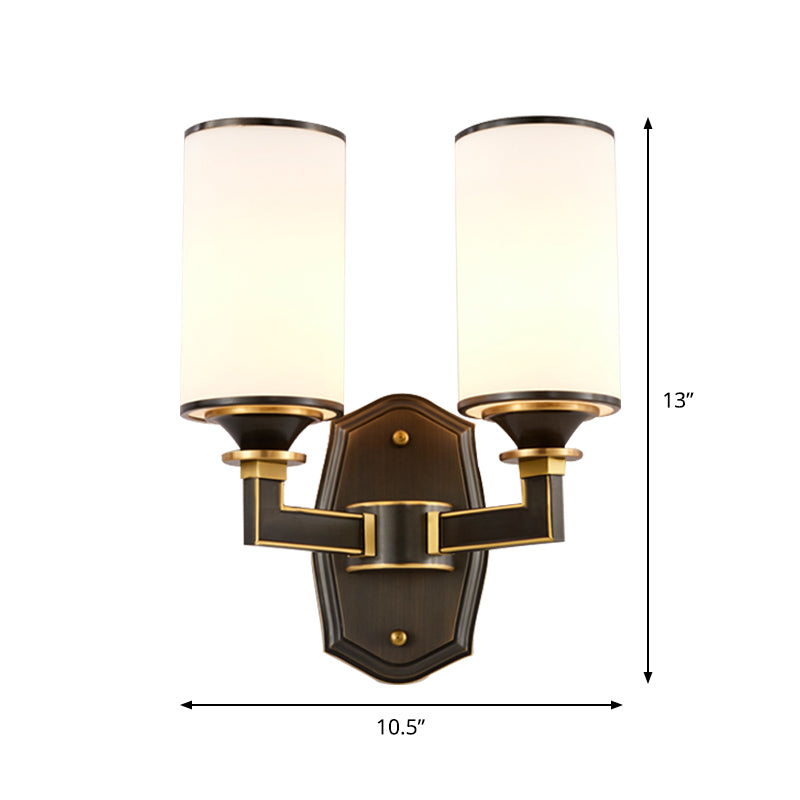 Skørter | Column Milk Glass Wall Lamp Countryside 1/2-Light Corridor Wall Lighting Fixture with Rectangular Arm in Black and Gold