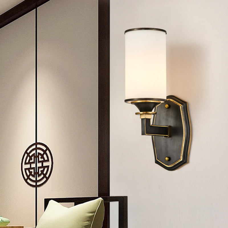 Skørter | Column Milk Glass Wall Lamp Countryside 1/2-Light Corridor Wall Lighting Fixture with Rectangular Arm in Black and Gold