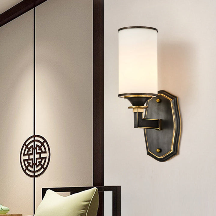 Skørter | Column Milk Glass Wall Lamp Countryside 1/2-Light Corridor Wall Lighting Fixture with Rectangular Arm in Black and Gold