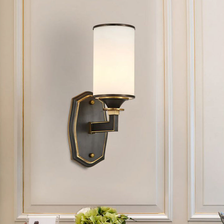Skørter | Column Milk Glass Wall Lamp Countryside 1/2-Light Corridor Wall Lighting Fixture with Rectangular Arm in Black and Gold