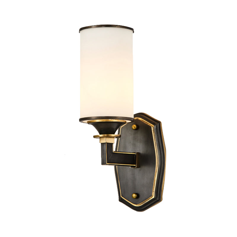 Skørter | Column Milk Glass Wall Lamp Countryside 1/2-Light Corridor Wall Lighting Fixture with Rectangular Arm in Black and Gold