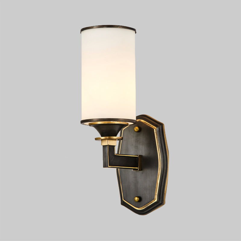 Skørter | Column Milk Glass Wall Lamp Countryside 1/2-Light Corridor Wall Lighting Fixture with Rectangular Arm in Black and Gold