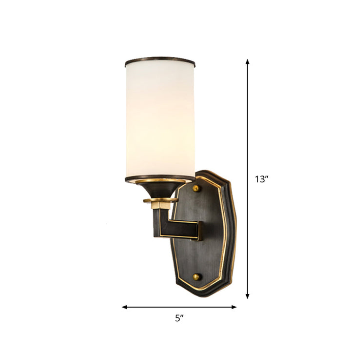 Skørter | Column Milk Glass Wall Lamp Countryside 1/2-Light Corridor Wall Lighting Fixture with Rectangular Arm in Black and Gold