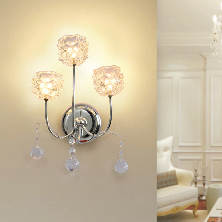 Lisslune | Chrome 3 Heads Wall Sconce Contemporary Metal Curvy Arm Wall Lighting with Floral Crystal Shade