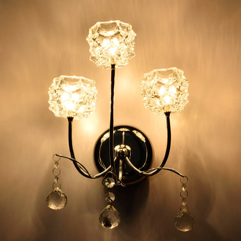 Lisslune | Chrome 3 Heads Wall Sconce Contemporary Metal Curvy Arm Wall Lighting with Floral Crystal Shade