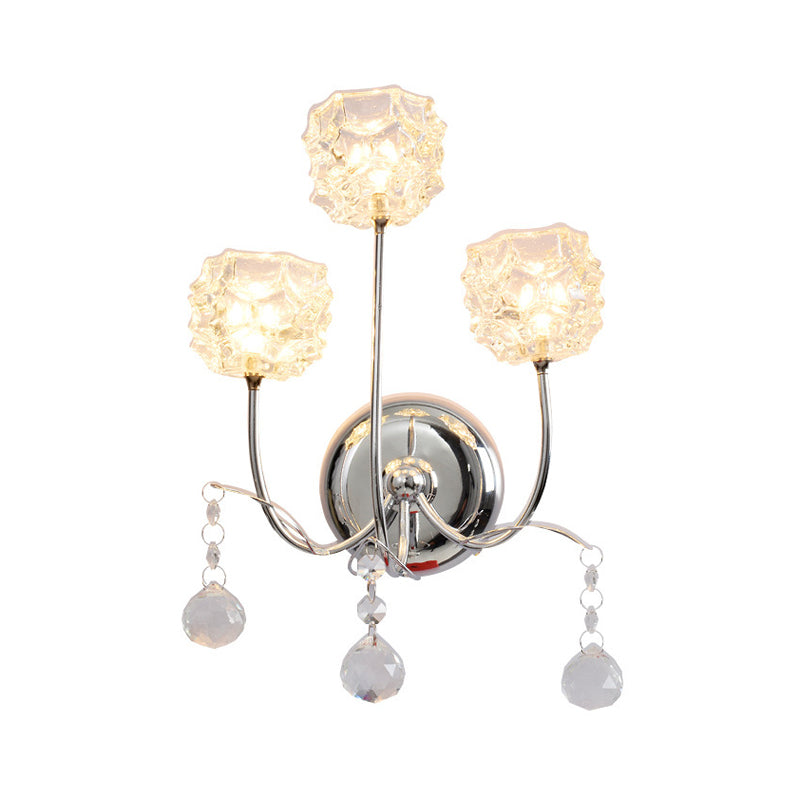 Lisslune | Chrome 3 Heads Wall Sconce Contemporary Metal Curvy Arm Wall Lighting with Floral Crystal Shade