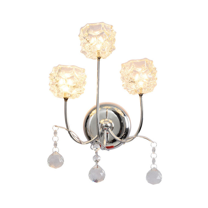 Lisslune | Chrome 3 Heads Wall Sconce Contemporary Metal Curvy Arm Wall Lighting with Floral Crystal Shade