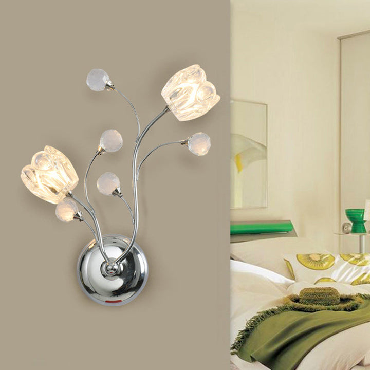 Lisslune | Clear Cut Crystal Balls Chrome Wall Lamp Rotating Arm 2 Lights Modern Surface Wall Sconces with Flower Shade