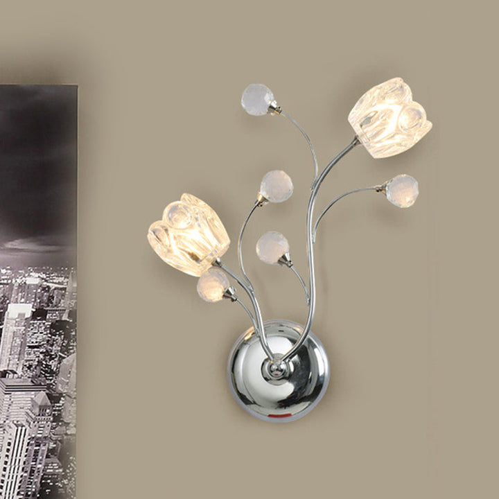 Lisslune | Clear Cut Crystal Balls Chrome Wall Lamp Rotating Arm 2 Lights Modern Surface Wall Sconces with Flower Shade