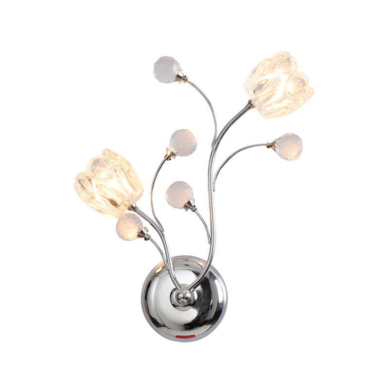 Lisslune | Clear Cut Crystal Balls Chrome Wall Lamp Rotating Arm 2 Lights Modern Surface Wall Sconces with Flower Shade