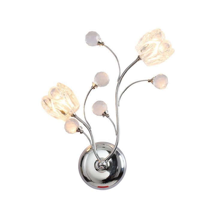 Lisslune | Clear Cut Crystal Balls Chrome Wall Lamp Rotating Arm 2 Lights Modern Surface Wall Sconces with Flower Shade