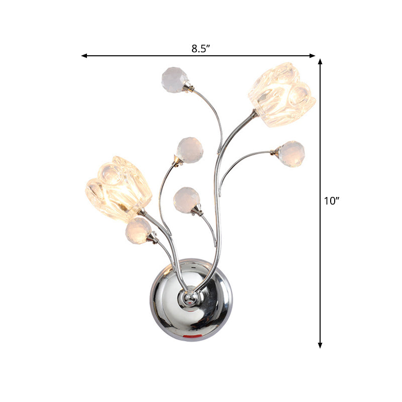 Lisslune | Clear Cut Crystal Balls Chrome Wall Lamp Rotating Arm 2 Lights Modern Surface Wall Sconces with Flower Shade