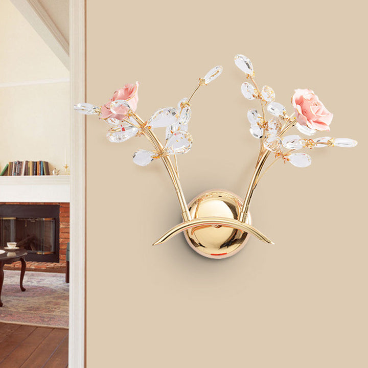 Lisslune | Branches Hall Wall Light Contemporary Clear Crystal Raindrops 2 Heads Gold Wall Mount Lamp with Rose Design
