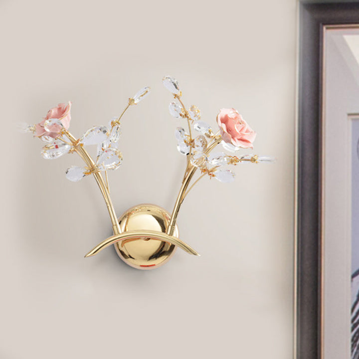 Lisslune | Branches Hall Wall Light Contemporary Clear Crystal Raindrops 2 Heads Gold Wall Mount Lamp with Rose Design
