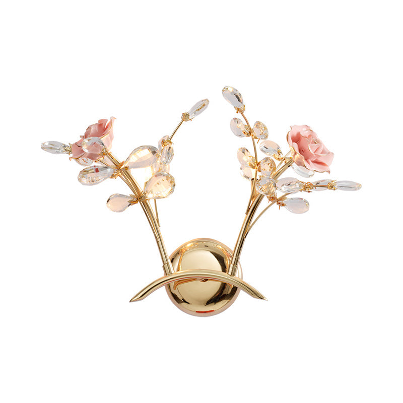 Lisslune | Branches Hall Wall Light Contemporary Clear Crystal Raindrops 2 Heads Gold Wall Mount Lamp with Rose Design
