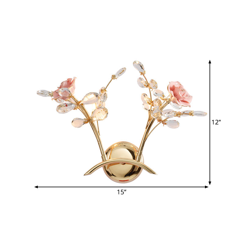 Lisslune | Branches Hall Wall Light Contemporary Clear Crystal Raindrops 2 Heads Gold Wall Mount Lamp with Rose Design