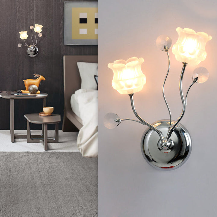 Lisslune | Clear Crystal Orbs Chrome Wall Light Scrolling Arm 2 Bulbs Modern Wall Lighting with Bloom Shade