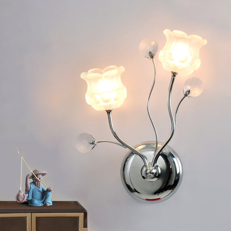 Lisslune | Clear Crystal Orbs Chrome Wall Light Scrolling Arm 2 Bulbs Modern Wall Lighting with Bloom Shade