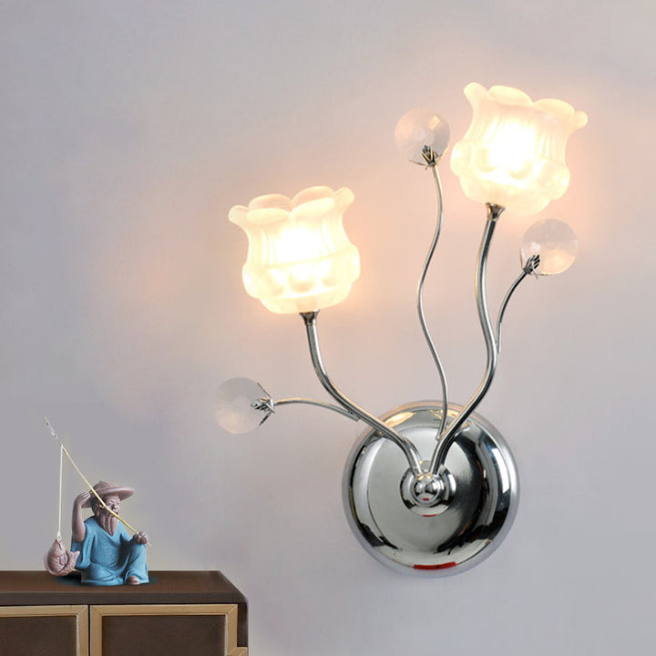 Lisslune | Clear Crystal Orbs Chrome Wall Light Scrolling Arm 2 Bulbs Modern Wall Lighting with Bloom Shade