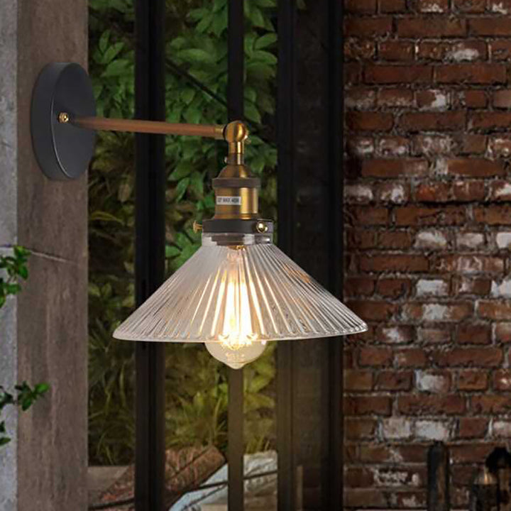 Lisslune | Clear Ribbed Glass Cone/Flower Wall Lamp Industrial 1 Light Living Room Lighting Fixture in Brass for Dining Room