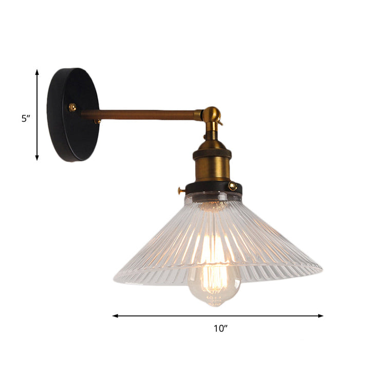 Lisslune | Clear Ribbed Glass Cone/Flower Wall Lamp Industrial 1 Light Living Room Lighting Fixture in Brass for Dining Room