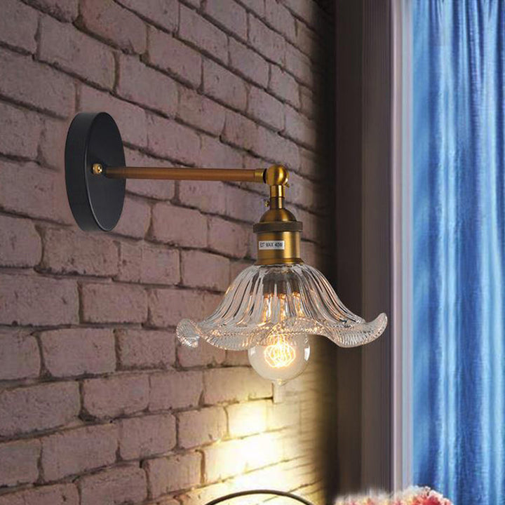 Lisslune | Clear Ribbed Glass Cone/Flower Wall Lamp Industrial 1 Light Living Room Lighting Fixture in Brass for Dining Room