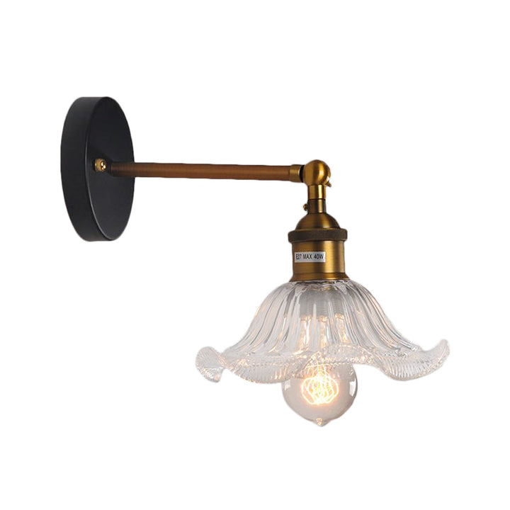 Lisslune | Clear Ribbed Glass Cone/Flower Wall Lamp Industrial 1 Light Living Room Lighting Fixture in Brass for Dining Room