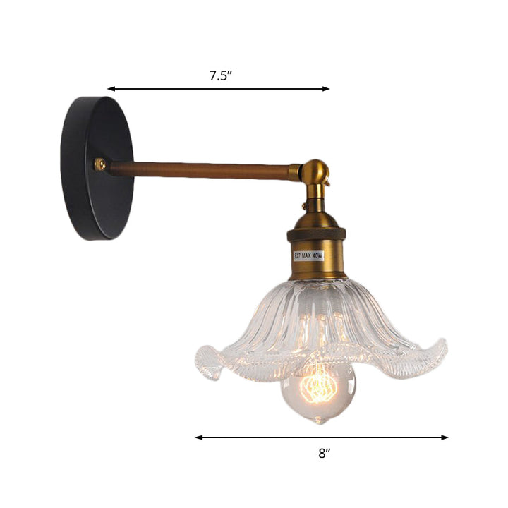 Lisslune | Clear Ribbed Glass Cone/Flower Wall Lamp Industrial 1 Light Living Room Lighting Fixture in Brass for Dining Room